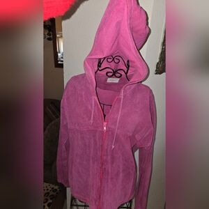 Suede, hooded,zippered jacket.